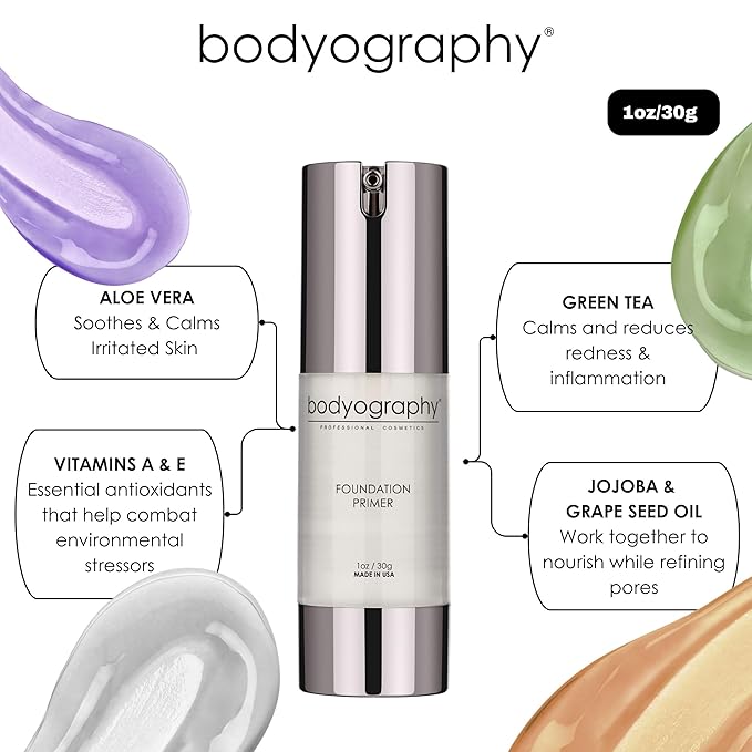 BODYOGRAPHY - Foundation Primer (Purple): Flawless Anti-Aging Salon Makeup Primer w/Vitamin E, A, Jojoba, Grapeseed Oil | Control Shine | Gluten-Free, Cruelty-Free, 1 oz.-Velvo Beauty