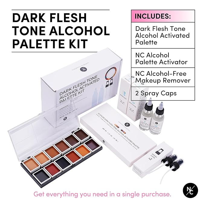 12 Color Dark Flesh Tone Alcohol Activated Makeup Palette Kit - Includes Alcohol Activator and Moisturizing Remover - Waterproof Makeup for Professional Makeup Artists-Velvo Beauty