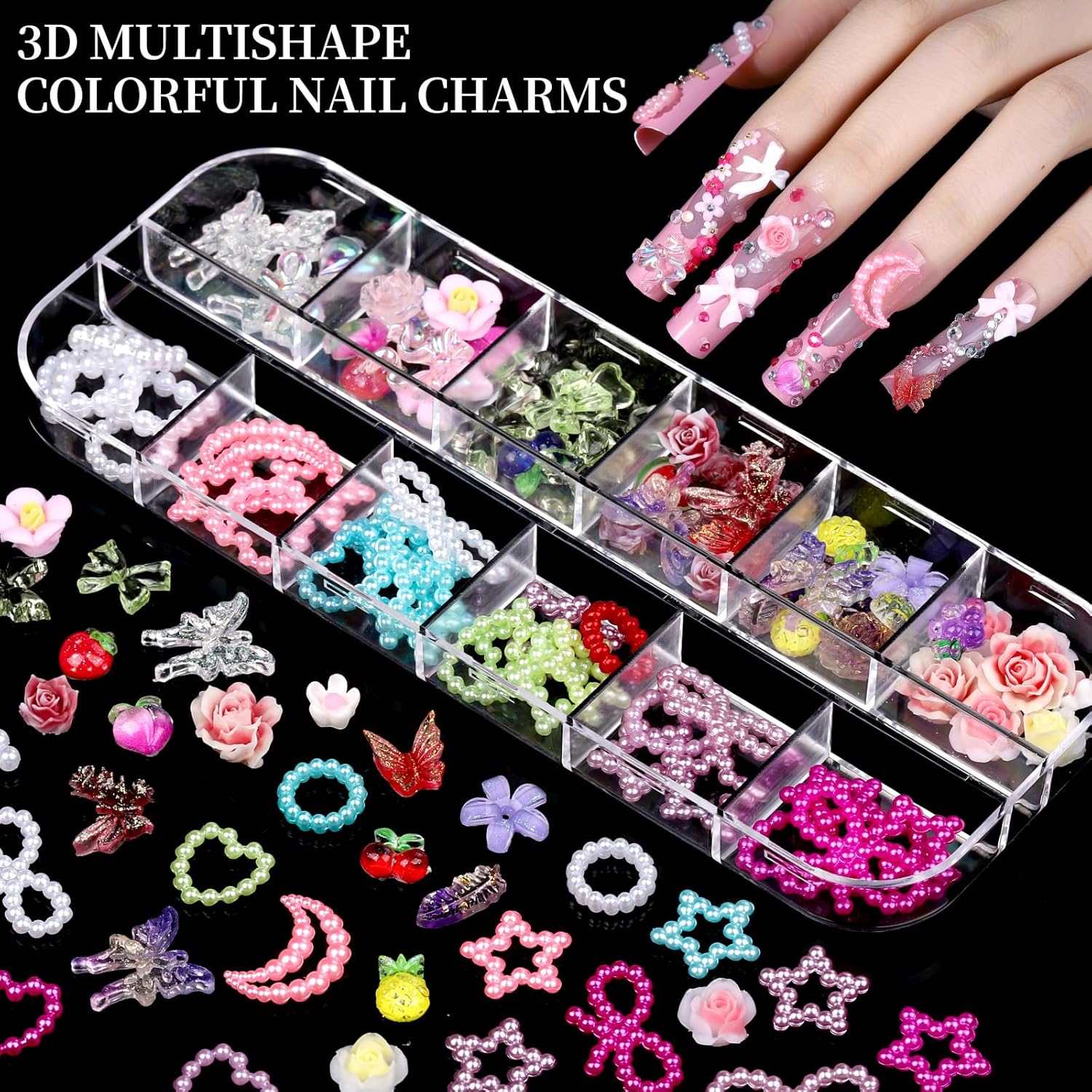 FANDAMEI Nail Charms, 8-Box Nail Charms and Gems, Fruit Bow Hawaii Flowers Petals 3D Nail Art Charms Bulk, Colorful Bubble Beads Nail Rhinestones, Gold Studs Flatback Nail Pearls for DIY-Velvo Beauty