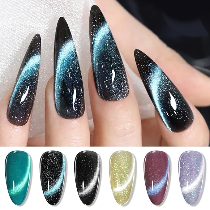 Born Pretty Cat Magnetic Eye Gel Nail Polish, 6 Colors 9D Magnetic Glitter Gel Polish Set Black Blue Purple Green Nail Polish Kit Soak Off LED Nail Art DIY Salon Gift-Velvo Beauty