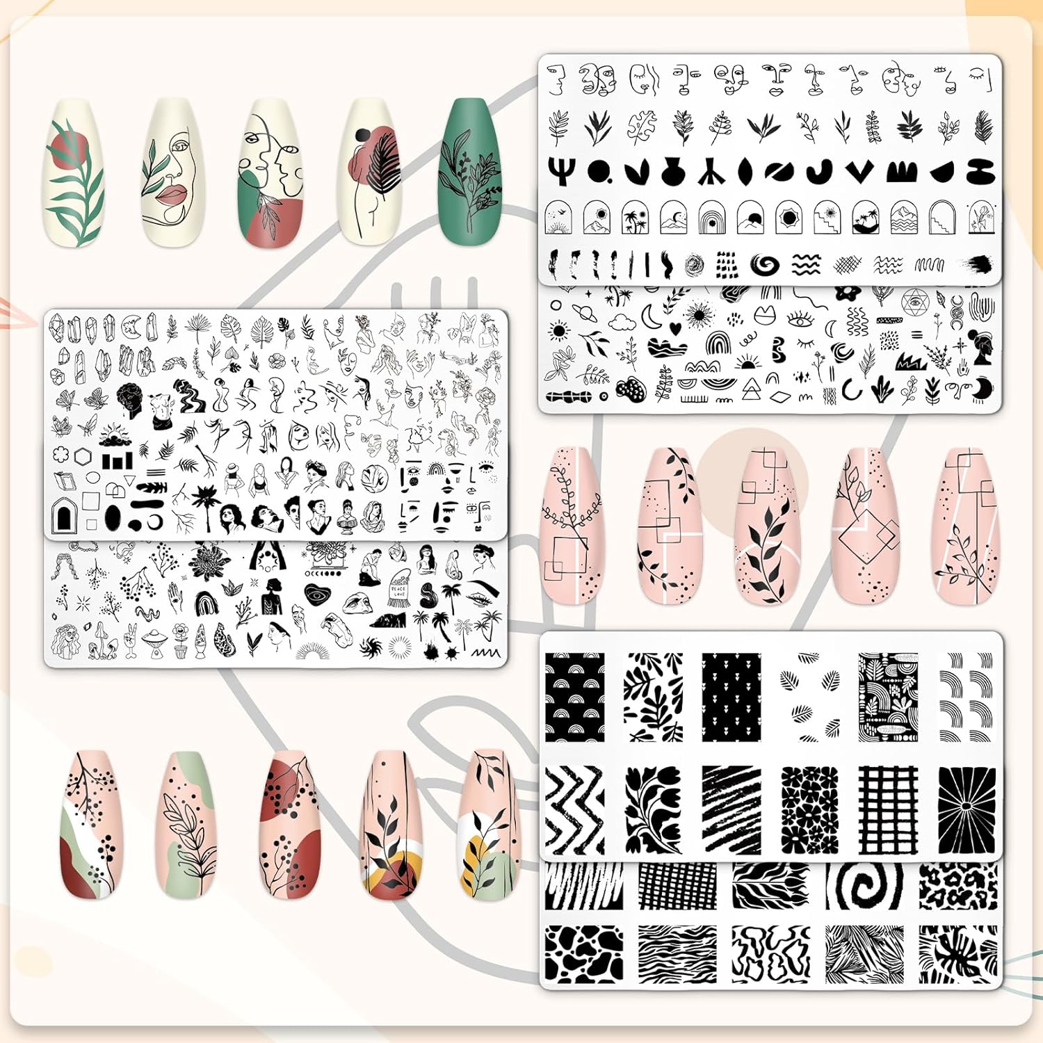 Whaline 6Pcs Abstract Lady Face Nail Plates Stamping Set Boho Plant Stamp Templates Nail Art Plates for DIY Print Manicure Salon Design Gift Supplies-Velvo Beauty
