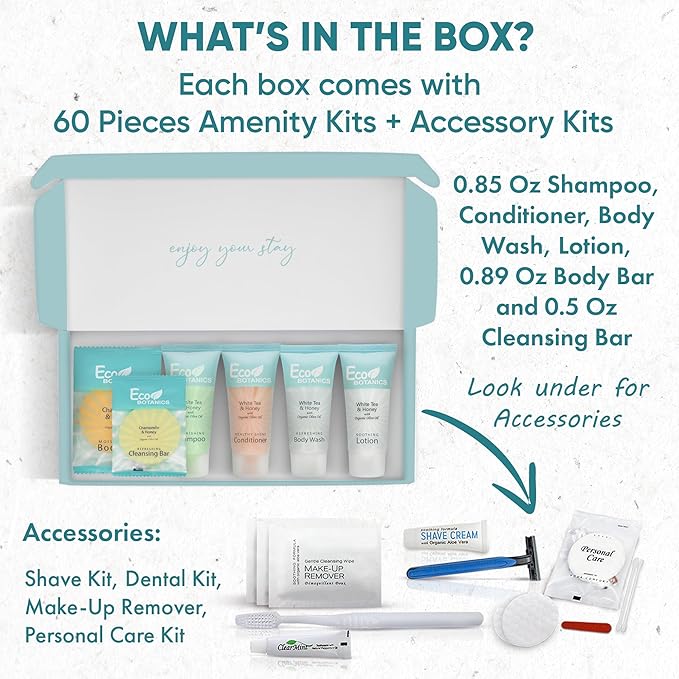 Eco Botanics Amenity & Accessory Kit | 0.85 oz Travel Size Shampoo, Conditioner, Lotion, Body Wash, Soap Bar, Shave & Dental Sets, Make-Up Remover Wipes, & Vanity Kit | 60 sets per case-Velvo Beauty