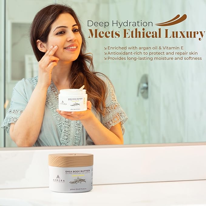 AZMERA Handcrafted Whipped Shea Body Butter – Luxurious Vanilla Bean Scented Moisturizer for Dry, Sensitive Skin, Argan Oil & Vitamin E – Vegan, Non-Greasy Skincare – 8.82 oz-Velvo Beauty