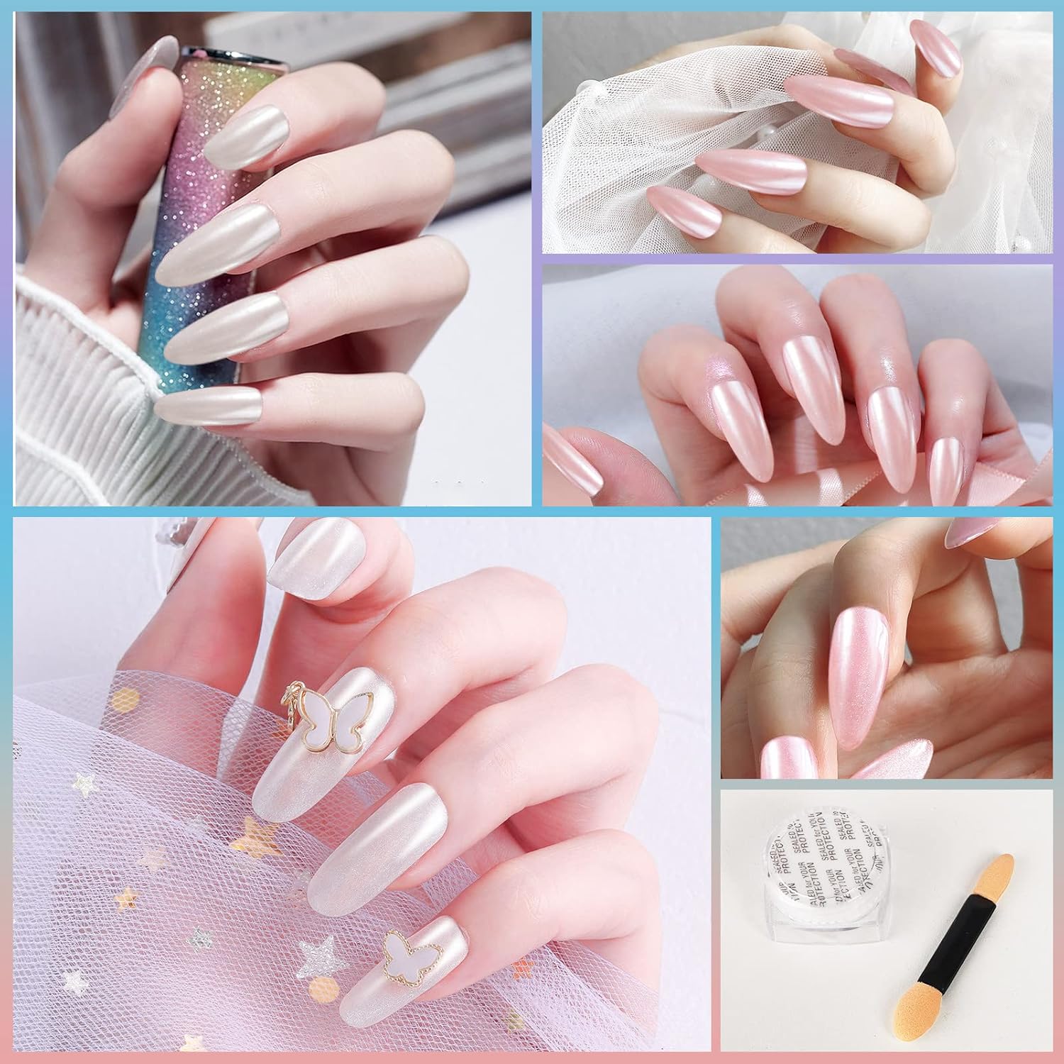 Artdone 3PCS White Pearl Chrome Nail Powder,Iridescent Aurora Powder Metallic Mirror Effect Pigment Pearlescent Mermaid Pigmen for Nail Art Manicure Decoration Sets-Velvo Beauty