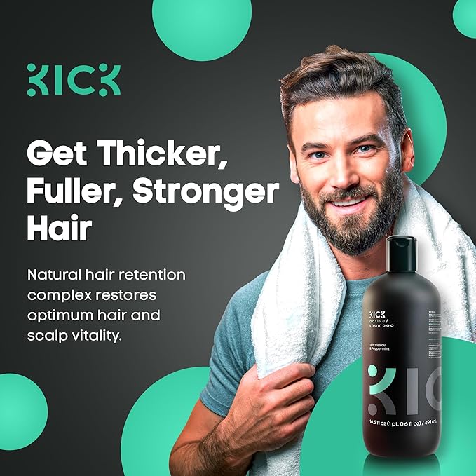 Kick Mens Shampoo - Peppermint & Tea Tree for Oil Control - Sulfate-Free, Refreshing Formula - Anti-Dandruff and Scalp Soothing - Shampoo for Oily Hair - Cruelty-Free - 16.6oz-Velvo Beauty