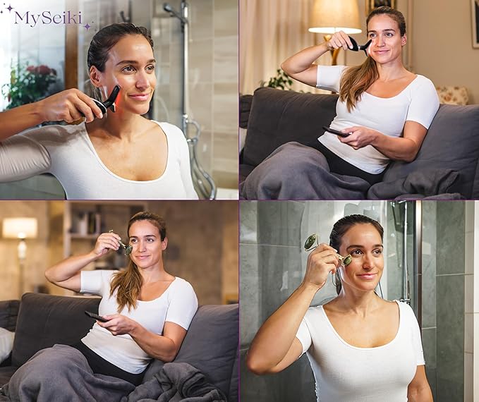 7 LED Light Beauty Tool – Face and Neck Massager with Jade Roller, Case, Black-Velvo Beauty