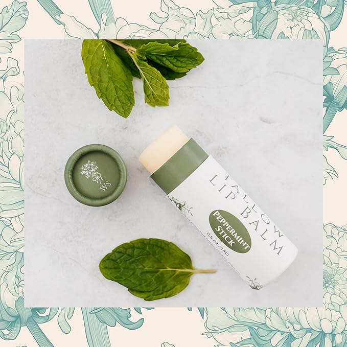 Organic Tallow Lip Balm (Peppermint) from Grass Fed Cows. Super hydrating with Tallow, Olive Oil, Honey, and Beeswax. Sustainable Cardboard Tubes & Hand Filled. Jumbo Size 0.5 oz.-Velvo Beauty
