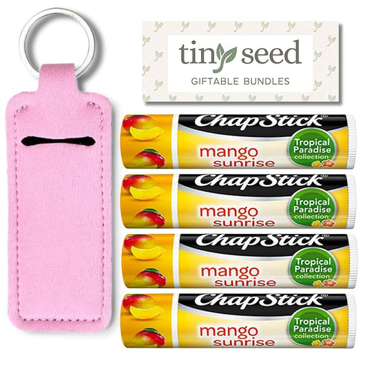 Mango Chapstick 4-Pack. Includes Bonus Lip Balm Holder Keychain (Pink). Limited Edition Flavor from the Chapstick Tropical Paradise Collection, Unique Gift Bundle from Tiny Seed-Velvo Beauty