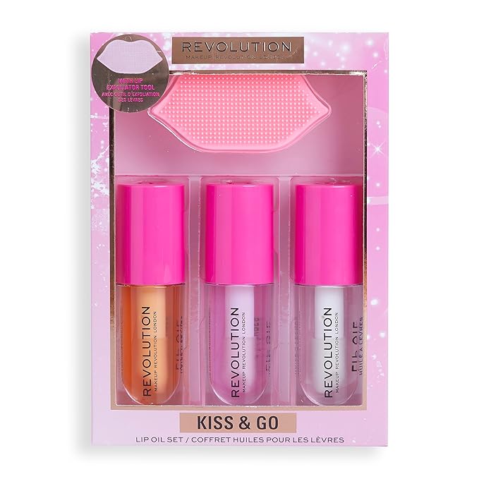 Revolution Kiss & Go Glaze Lip Care Gift Set, Exfoliating Tool & 3 Fruit Flavored Lip Oils Included-Velvo Beauty