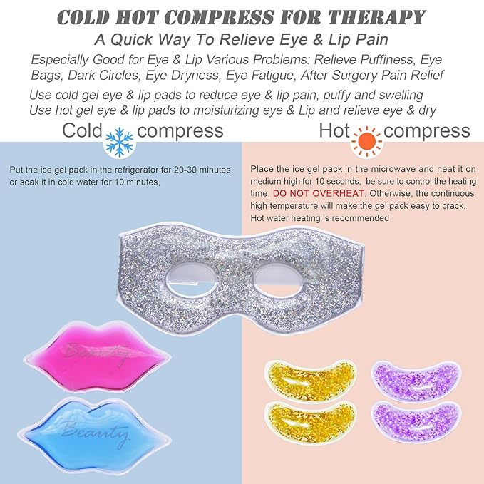 Ice Under Eye Patches Eye Mask Lip Care Gel Pads Treatment Mask Lip Mask, Cooling Eye Lip Gel Masks Cold Hot Therapy for Wrinkles Firming Swelling Cosmetic Bruising Reusable 7 Pack-Velvo Beauty