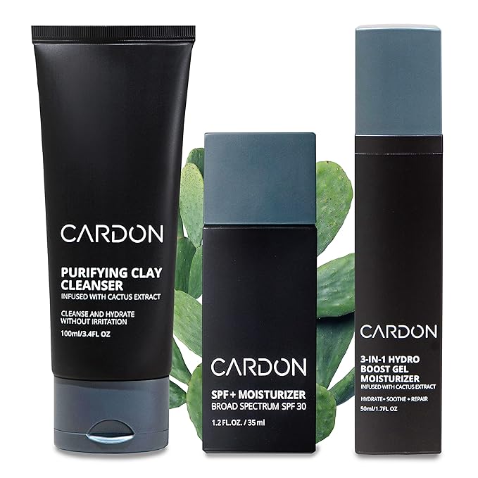 Cardon Cactus-Based Men's Skincare Set | Premium Korean Skincare for Sensitive Skin and Oily Skin | Water-based Face Moisturizer with SPF 30, Gentle Face Wash, Repairing Night Cream with Vitamin E-Velvo Beauty