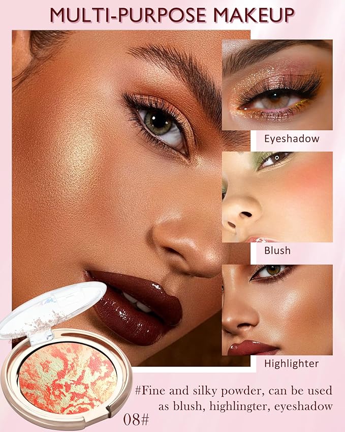 Baked Blush,Glow Marbleized Blusher Powder Palette,Lightweight Shimmery Blusher for Cheeks,Eyeshadow & Highlight,Makeup Gift for Women rubores de maquillaje(0.49Ounce)-08 Gold Pink-Velvo Beauty
