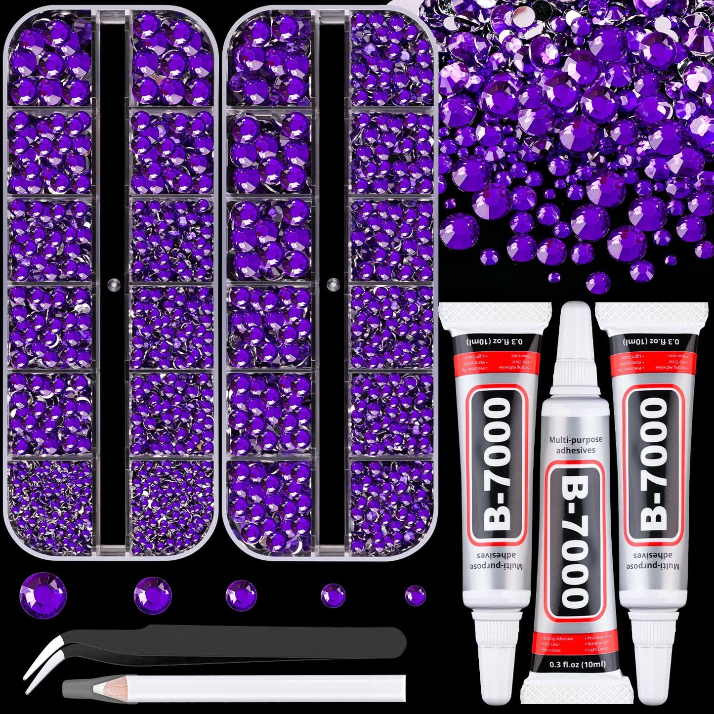 Resin Rhinestones for Crafting with B7000 Jewelry Glue, 2 Boxes Dark Violet Flatback Crystals with 3Pcs 10ml Glue for Bedazzling Crafts Nail Art Makeup, Non Hotfix Gems for Clothing Shoes-Velvo Beauty