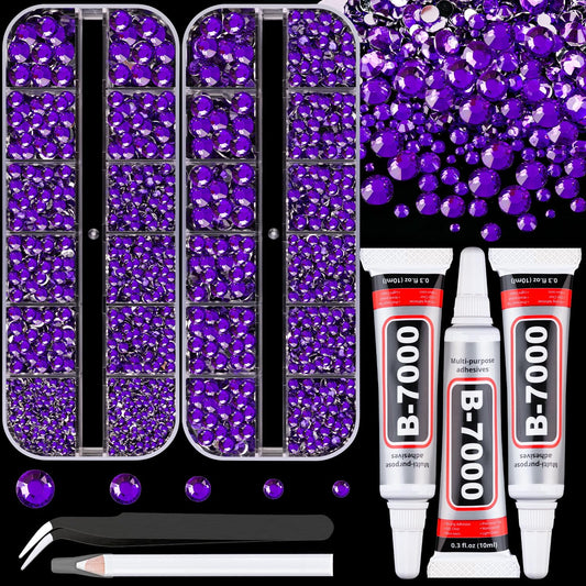 Resin Rhinestones for Crafting with B7000 Jewelry Glue, 2 Boxes Dark Violet Flatback Crystals with 3Pcs 10ml Glue for Bedazzling Crafts Nail Art Makeup, Non Hotfix Gems for Clothing Shoes-Velvo Beauty