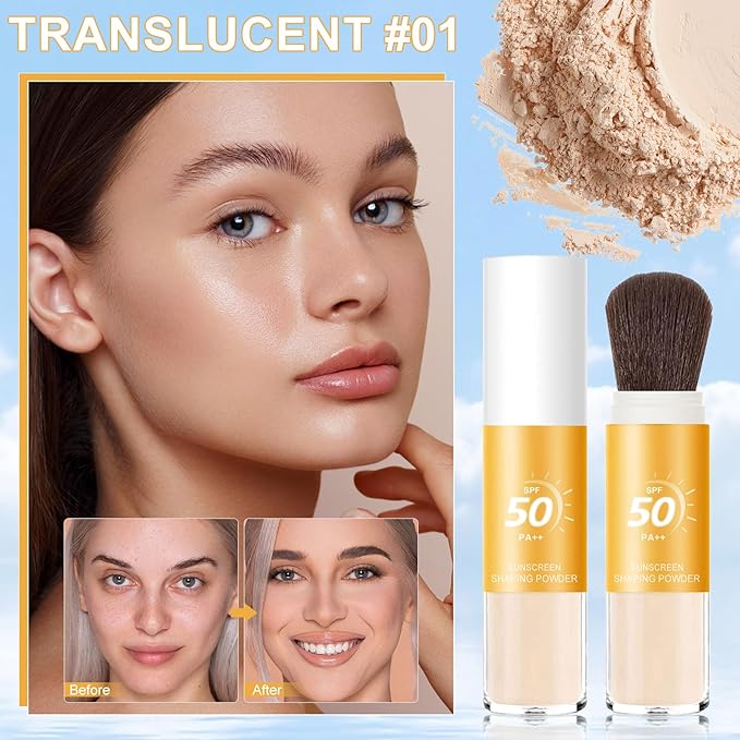 Mineral Sunscreen Setting Powder, SPF 50++ Mineral Setting Powder Sunscreen for Face with Soft Brush Powder Sunscreen for Scalp Matte Face Powder (1PC, 1.02 * 1.02 * 4.29)-Velvo Beauty