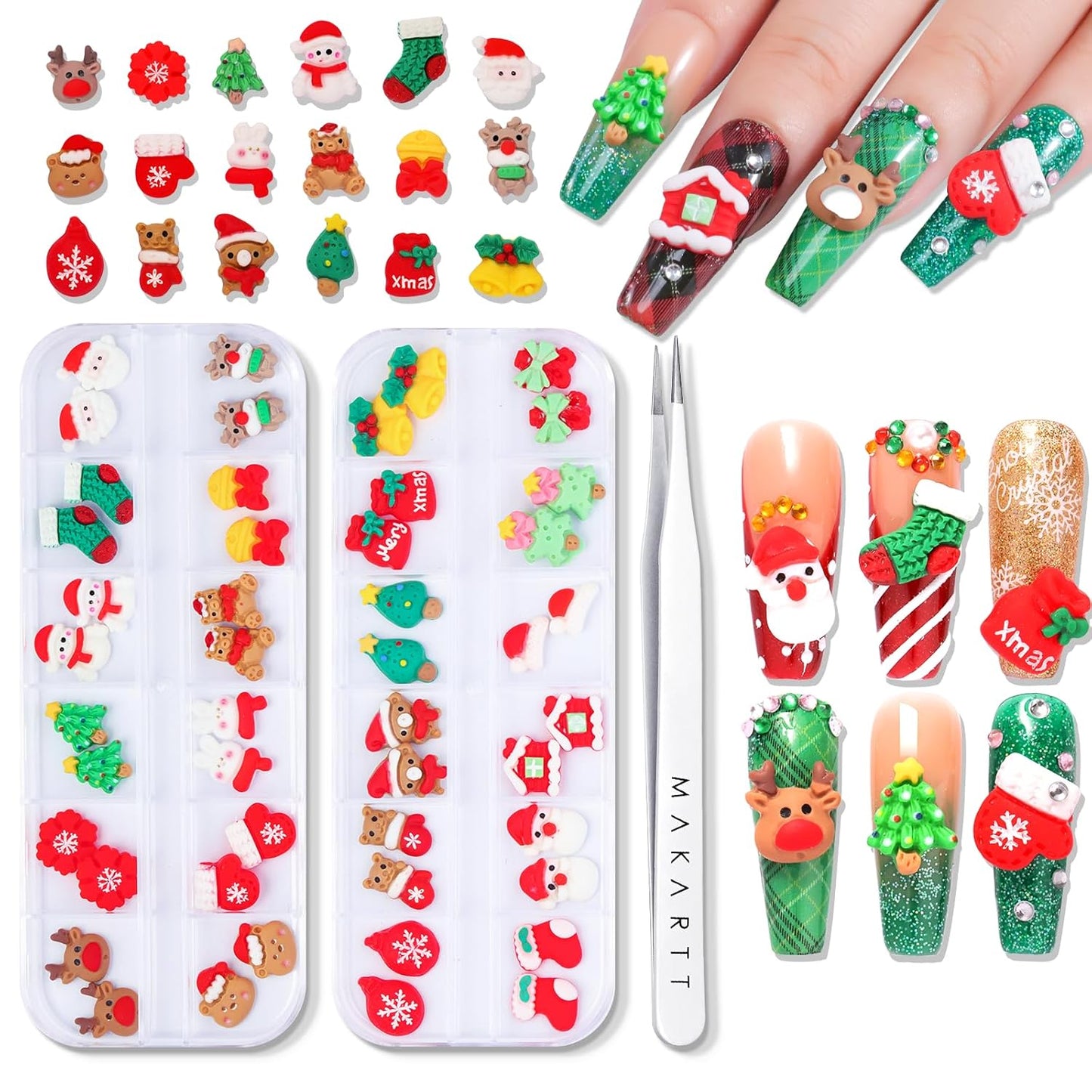 Makartt Christmas Decorations Gift Set: 48PCS 3D Nail Charms with Cartoon Santa, Elk, Tree, Bells for Women, Includes Art Tweezer, Acrylic Accessories for Nails Techs and DIY-Velvo Beauty