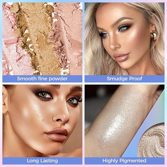 Highlighter Makeup Palette,Highlighter Palette Illuminator Powder Palette White Highlighter Baked Waterproof Long Lasting Brilliant Lighten Skin Color Face Contour Powder Makeup Highlighter-Velvo Beauty