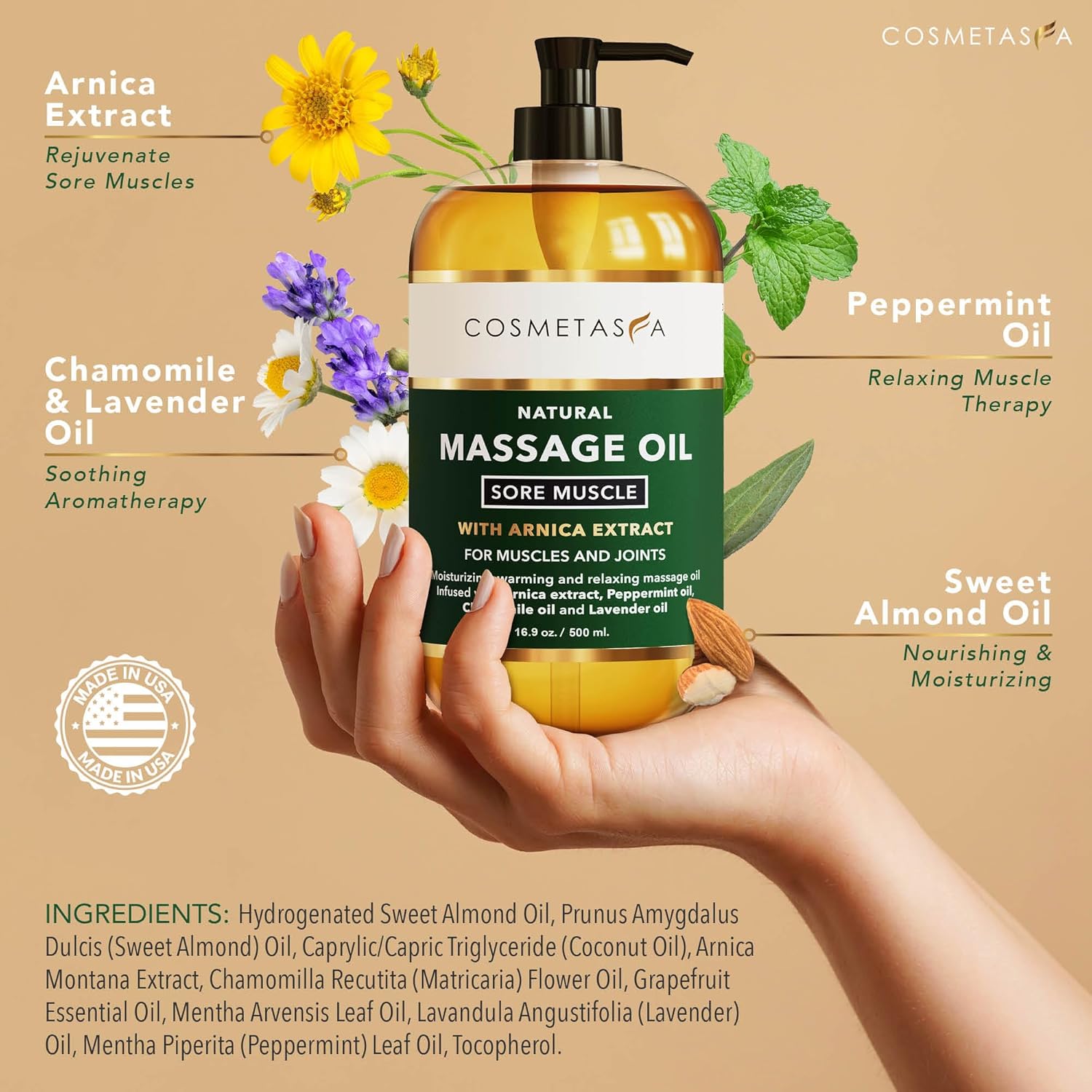 Cosmetasa Sore Muscle Massage Oil for Massage Therapy – All Natural, Cruelty-Free Full Body Massage Oils for Muscle Relaxing & Joint Comfort – Arnica Extract with Chamomile & Lavender Oil (16.9 oz)-Velvo Beauty