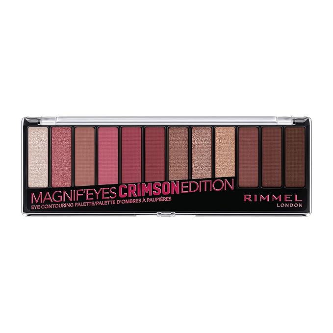 Rimmel London Magnif'Eyes Eyeshadow Palette, 12 Shades, Blendable Formula, Versatile, 007, Crimson, 0.5oz-Velvo Beauty