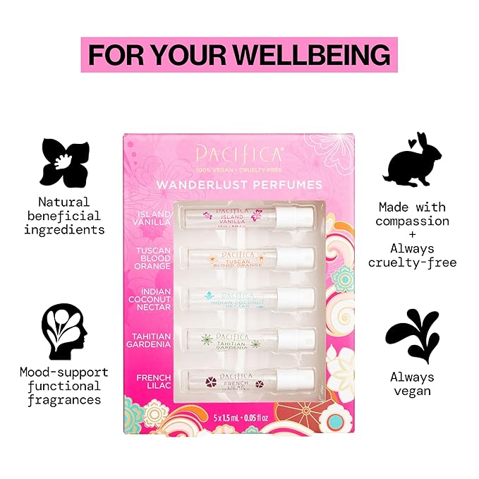 Pacifica Beauty, Wanderlust Spray Perfume Trial Set, Island Vanilla, 5 Scents, Fragrance Sampler Gift Set, Natural & Essential Oils, Clean, Vegan & Cruelty Free-Velvo Beauty
