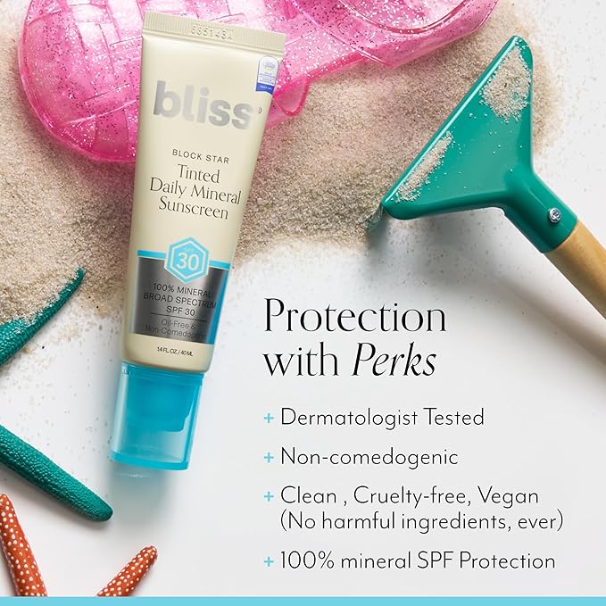 Bliss Block Star SPF 30 Daily Tinted Mineral Sunscreen with Zinc Oxide - All Skin Tones - 100% Mineral Broad Spectrum Sunscreen with Titanium Dioxide & Antioxidant Blend- 1.4 fl oz.-Velvo Beauty