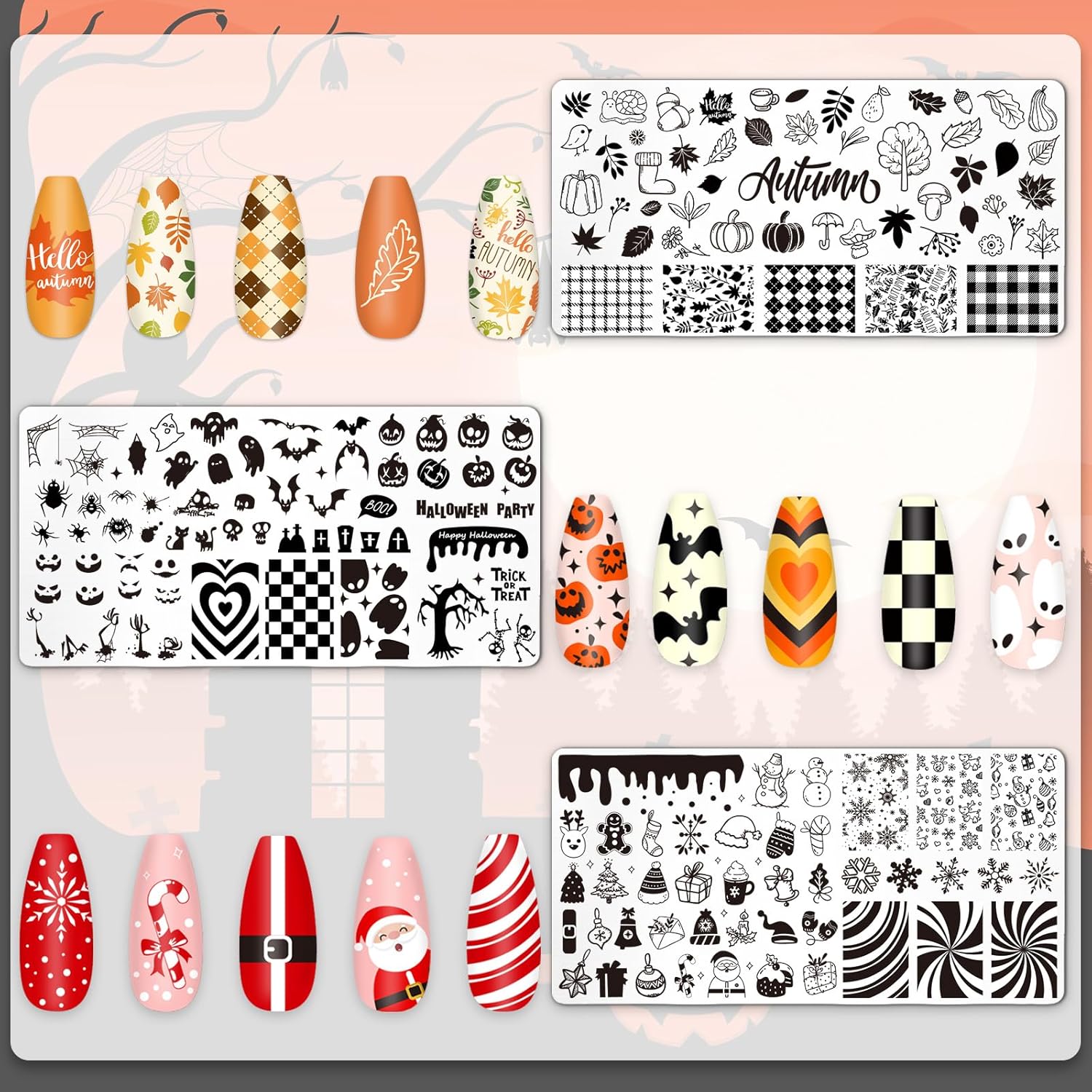 Whaline 6Pcs All Holiday Nail Art Plates Valentines StampTemplates Set Winter Christmas Fall Nail Plates Stamping for Xmas DIY Print Manicure Salon Design Gift-Velvo Beauty