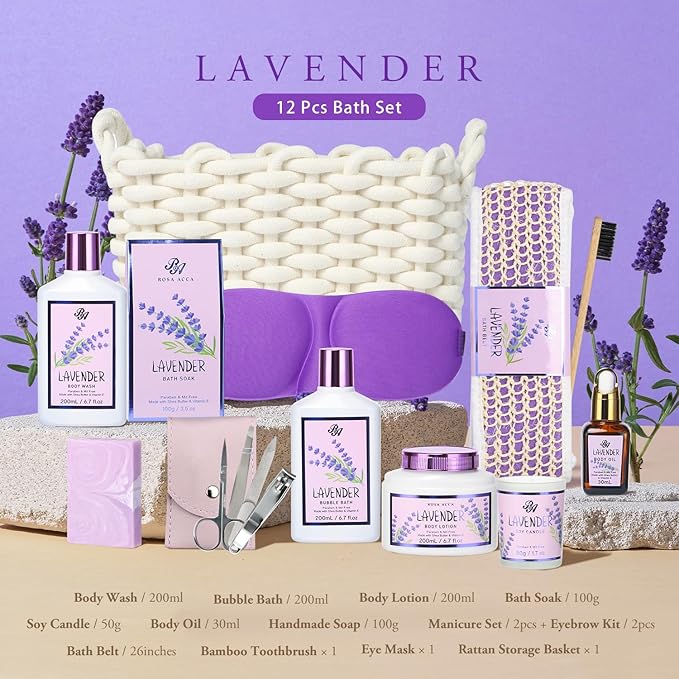 Bath and Body Gift For Women and Men - Lavender Home Spa Gift Set,Mug,Shower Gel,Bubble Bath,Lotion,Bath Bombs,Eye Mask,Manucure Set, Bath Belt, Body Oil,Bath Soak,Lip Balm,Soy Candle For Daily Use-Velvo Beauty