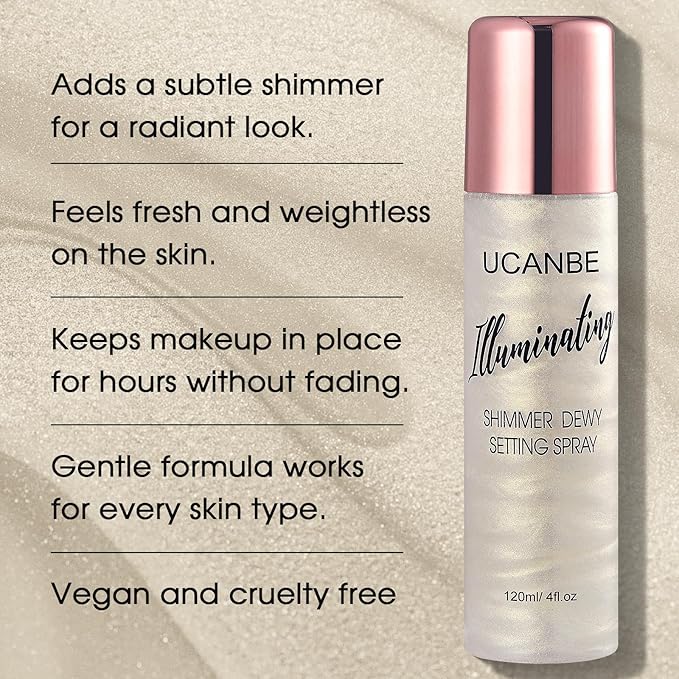 UCANBE Shimmer Dewy Setting Spray – Glowing + Makeup Setting Spray 2 in 1 Lightweight Formula for a Radiant Glow,Long-Lasting Face Mist for Face Body, 4 Fl Oz #Platinum-Velvo Beauty