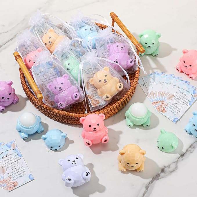 24 Sets Baby Shower Bear Lip Balm Favors Bear Lip Care Transparent Lipstick with Gift Bags and Thank You Cards for Baby Shower Gender Reveal Favors Decorations Gift Supplies-Velvo Beauty