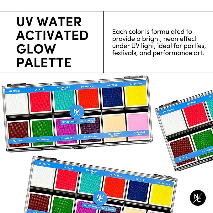 UV 12-Color Palette - Water-Activated Neon Glow Makeup for Face & Body - Fluorescent Shades for SFX, Party Makeup, Cosplay & Theatrical Performances-Velvo Beauty