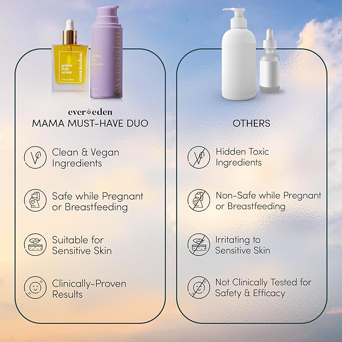 Evereden Mama Must-Have DUO - Golden Belly Stretch Mark Oil 30ml & Nourishing Stretch Mark Cream 50ml - Derma-Developed Clean & Vegan Maternity Skin Care for Stretch Mark Reduction & Skin Hydration-Velvo Beauty