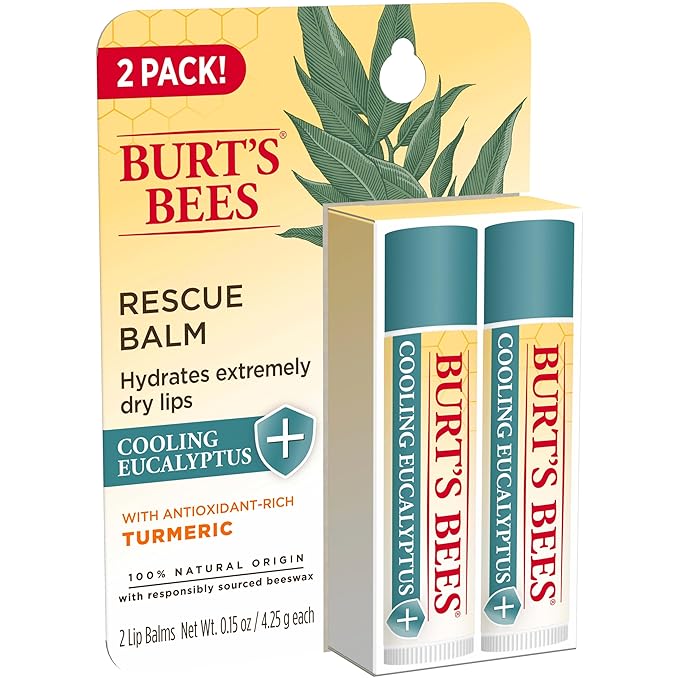 Burt's Bees 100% Natural Origin Rescue Lip Balm With Beeswax and Antioxidant-Rich Turmeric Promotes Healing Of Extremely Dry Lips, Cooling Eucalyptus, 2 Tubes in Blister Box(Pack May Vary)-Velvo Beauty