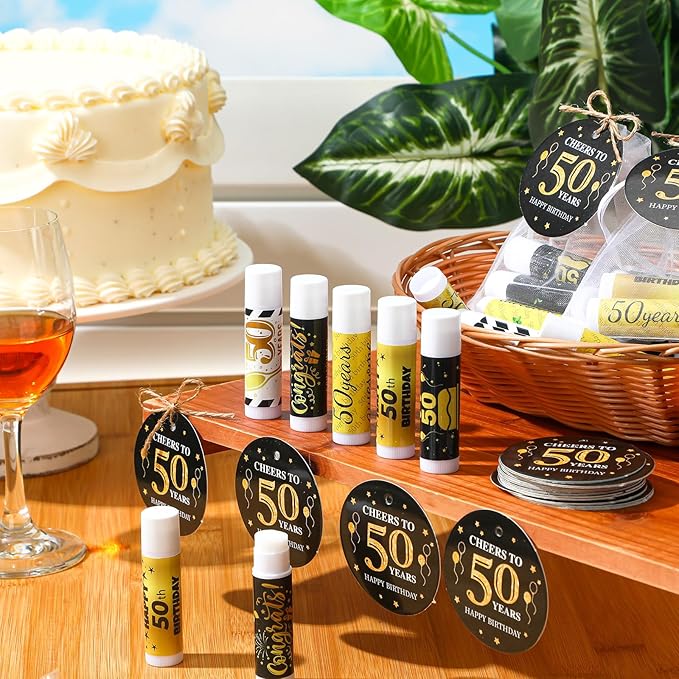 50 Sets Birthday Favors Lip Balm Gifts Bulk Moisturizing Lip Balm with 50 Organza Drawstring Gift Bag 50 Tags Birthday Party Supplies Gifts Bulk for Men and Woman (50th Birthday)-Velvo Beauty
