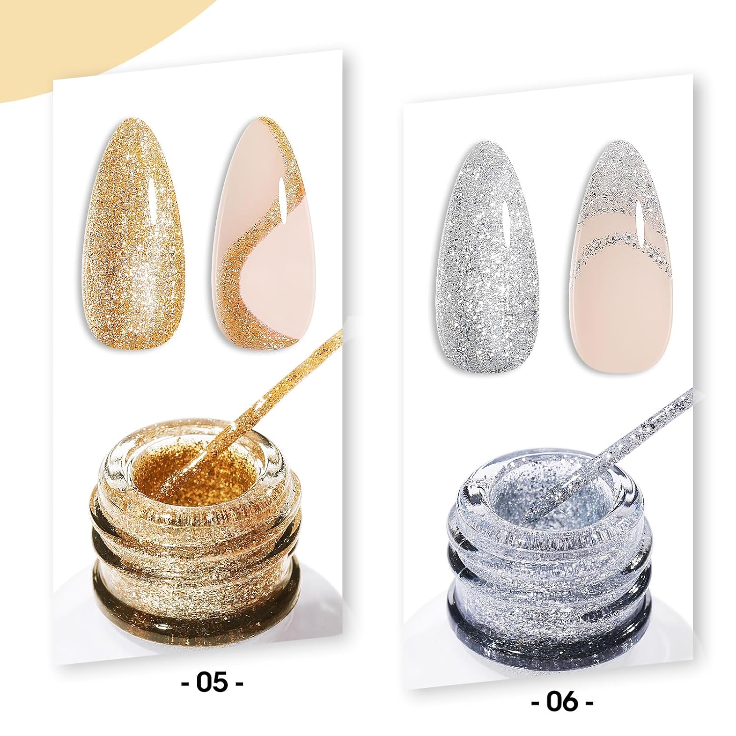 GELLEN Gold Silver Liner Gel Nail Polish, 2Pcs 10ml Soak off Uv Lamp Glitter Nail Art Polish Set with Built Thin Brush, Gel Art Paint for Sparkly Shiny Swirl Nails, Christmas Diy Gift for Women Girls-Velvo Beauty