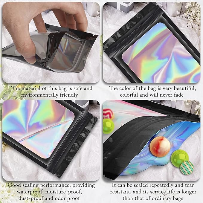 100 Pieces Smell Proof Mylar Bags, Holographic Packaging Bags, Resealable Odor Foil Pouch Zipper Bag with Clear Window for Food Storage and Lipgloss, Jewelry Lash (Black, 4 x 6 Inch)-Velvo Beauty