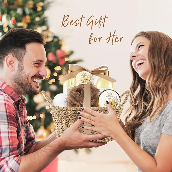 Bath and Body Warm Vanilla Sugar Spa Gifts for Women, with Shower Gel, Bubble Bath, Body Lotion, Bath Bomb, Bath Salt, Spa Basket Gift Set for Women, 7pcs Set Gifts-Velvo Beauty