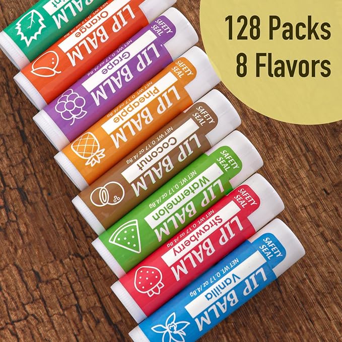 128 Pack Lip Balm, Natural Lip Balm Bulk with Vitamin E and Coconut Oil, Moisturizing Lip Balm for Dry Cracked Lips, Lip Balm for Stocking Stuffers - 8 Flavors-Velvo Beauty