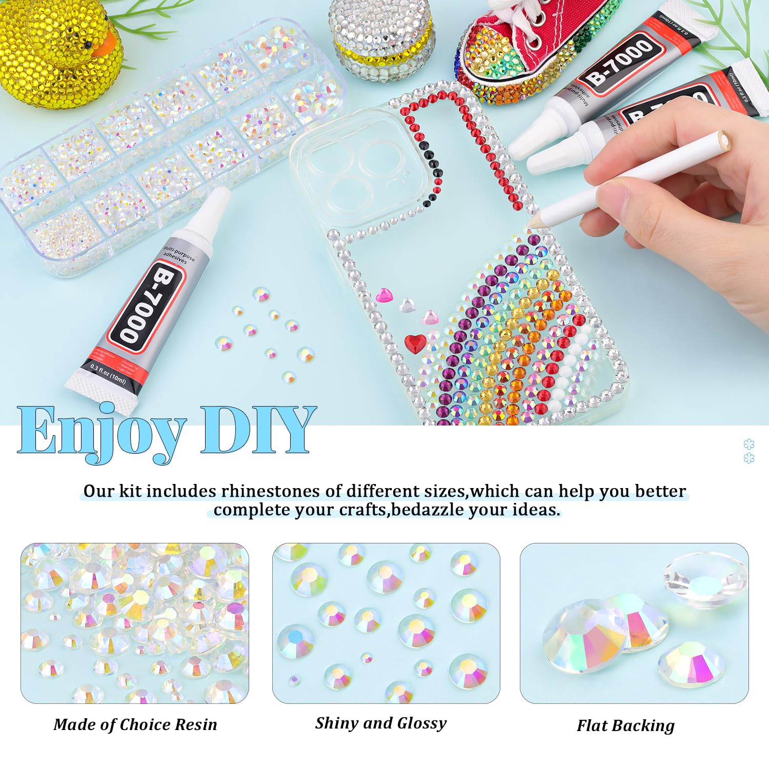6000Pcs Resin Rhinestones for Bedazzling with 3Pcs B7000 Jewelry Glue, 1 Box Transparent AB Flatback Rhinestones for Crafting Crafts DIY, Crystals Gems for Clothing Shoes Tumblers Nail Art Makeup-Velvo Beauty