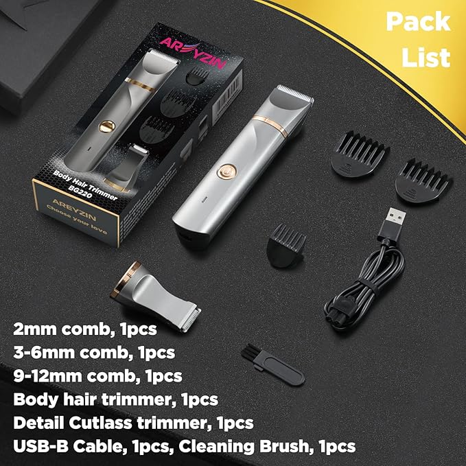 AREYZIN Body Hair Trimmer for Women Electric Body Shaver for Back Chest Armpit Legs Pubic Hair, USB Rechargeable, Replaceable Snap-in Ceramic Blades, IP7X Waterproof for Wet and Dry Use,Gray&Gold-Velvo Beauty