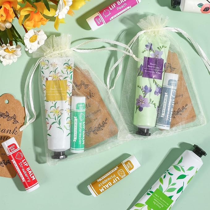 AZEN 50 Sets Hand Cream Bulk and Lip Balm Bulk Set, Bridal Shower Gifts for Guests, Thank You Gifts for Coworkers Women Men with Organza Bag Thank You Card, Bridal Wedding Favors for Guests-Velvo Beauty