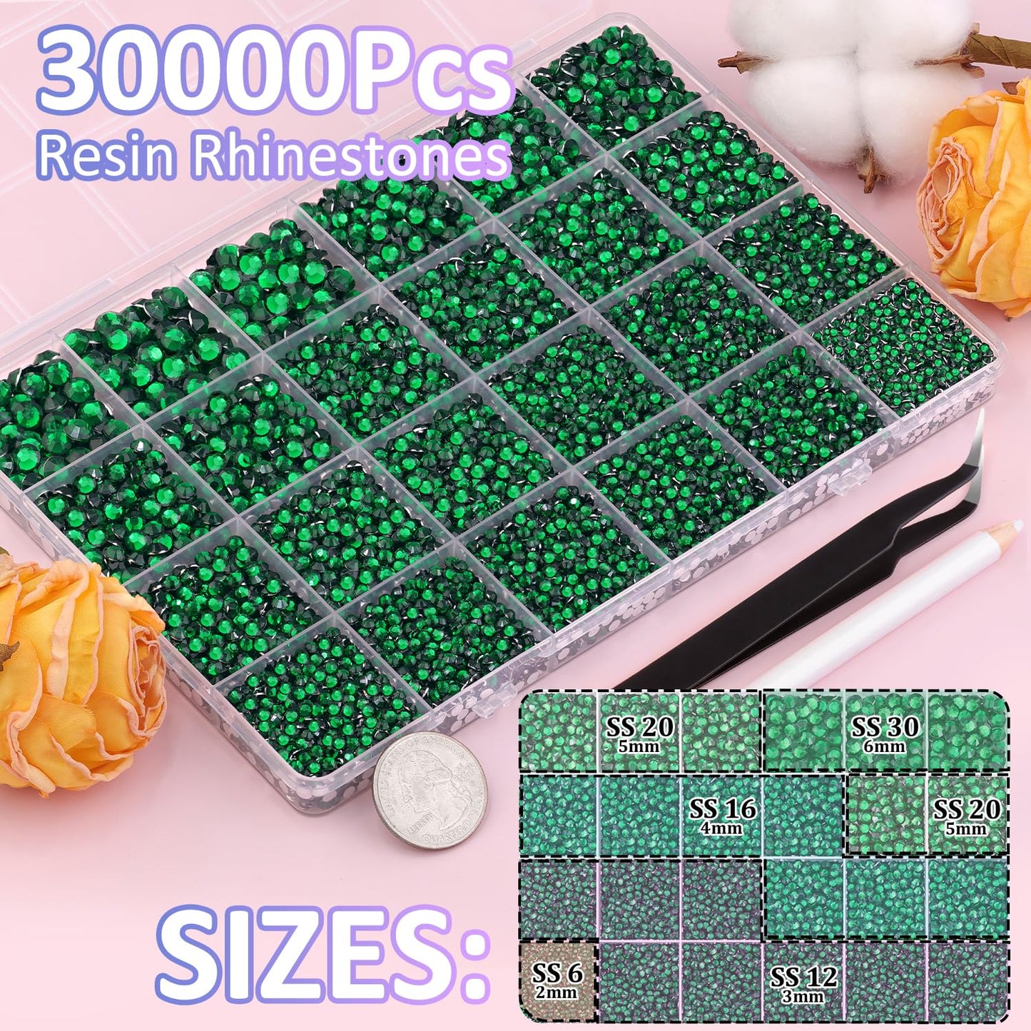 30000Pcs Emerald Green Rhinestones for Bedazzling with B7000 Jewelry Glue, Bedazzler Kit Flatback Gems, Resin Rhinestones for Crafting Crafts Clothing Shoes Fabric Nail Art Assorted Size 2/3/4/5/6mm-Velvo Beauty