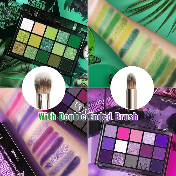 UCANBE 2pcs Eyeshadow Palette Makeup Set, Green Purple Color Shimmer Matte Metallic Eye Shadow Pallet with Soft Brush Eye Make Up Kit for Halloween Cosplay Costume Beetlejuice Medusa Poison Ivy Ursula-Velvo Beauty