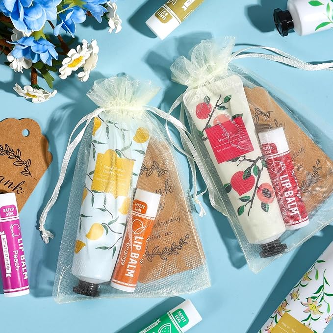 AZEN 24 Sets Hand Cream Bulk and Lip Balm Bulk Set, Bridal Shower Gifts for Guests, Thank You Gifts for Coworkers Women Men with Organza Bag Thank You Card, Bridal Wedding Favors for Guests-Velvo Beauty