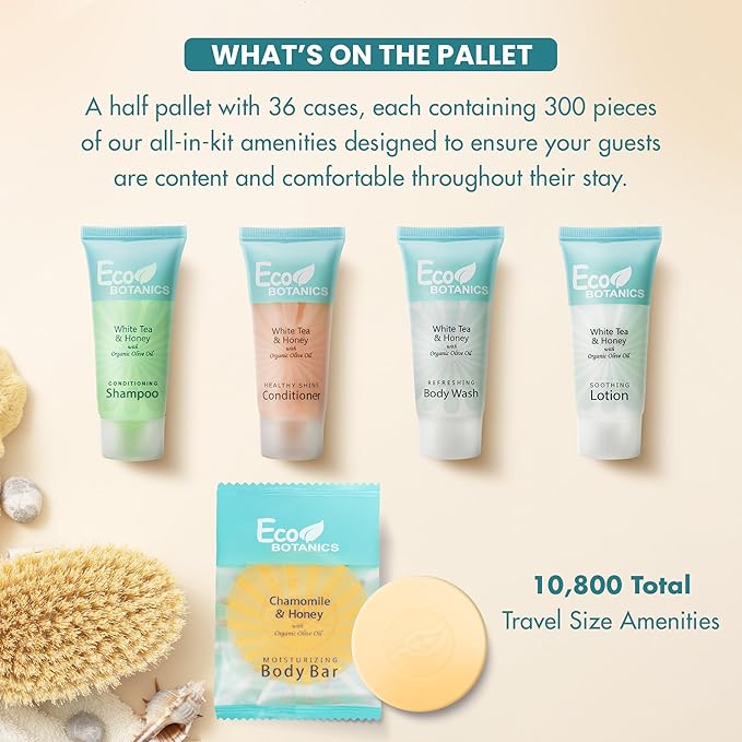 Eco Botanics Hotel Soaps & Toiletries Bulk Set | 0.85oz Hotel Shampoo & Conditioner, Body Wash, Body Lotion & Bar Soap Travel Size | Half Pallet, 36 cases with 300 units each - 10,800 pieces-Velvo Beauty