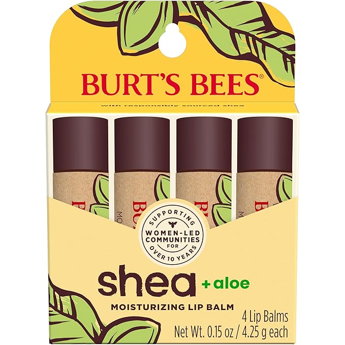 Burt's Bees Lip Balm Mothers Day Gifts for Mom - Shea and Aloe Lip Moisturizer With Responsibly Sourced Beeswax, Tint-Free, Natural Origin Conditioning Lip Treatment, 4 Tubes, 0.15 oz.-Velvo Beauty