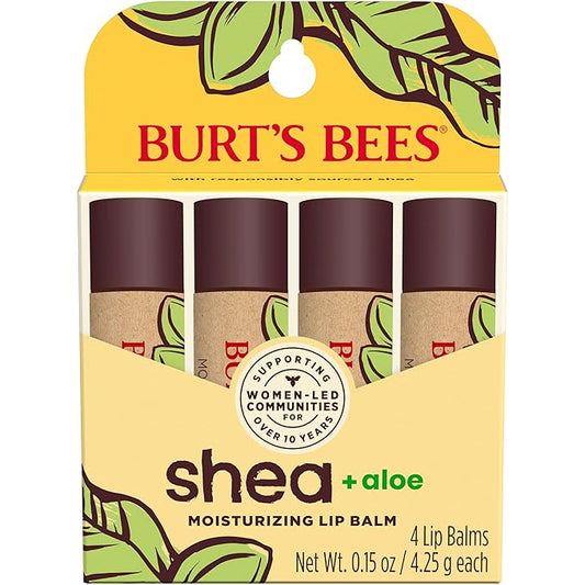 Burt's Bees Lip Balm Mothers Day Gifts for Mom - Shea and Aloe Lip Moisturizer With Responsibly Sourced Beeswax, Tint-Free, Natural Origin Conditioning Lip Treatment, 4 Tubes, 0.15 oz.-Velvo Beauty