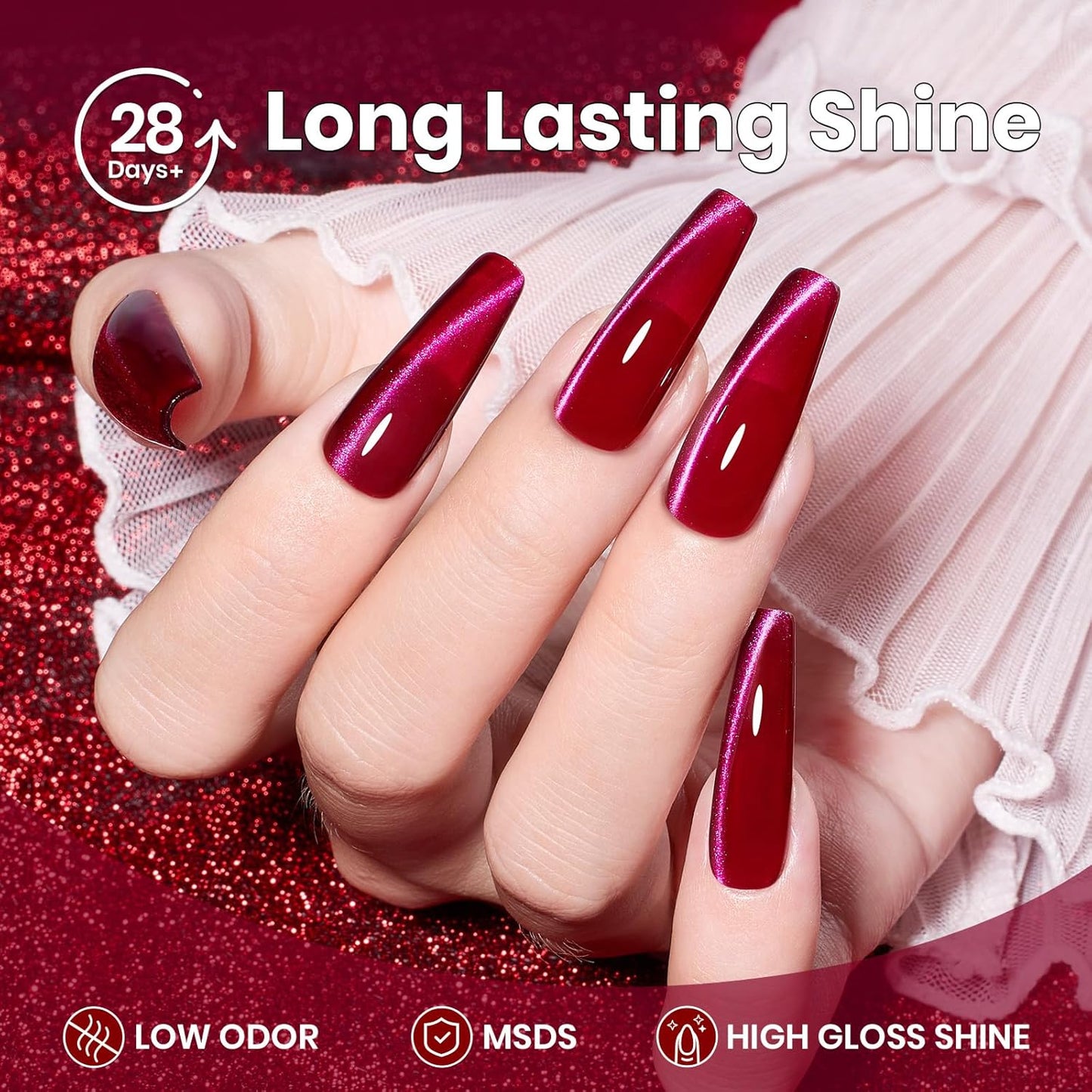 Beetles Red Cat Eye Gel Nail Polish - 15ML Cherry Red Glass Cat Eye Magnetic Glitter Gel Polish with Pink Powder Sheer Gel Soak Off UV Cherry Shimmer Collection Nail Art Design Manicure Gift for Women-Velvo Beauty