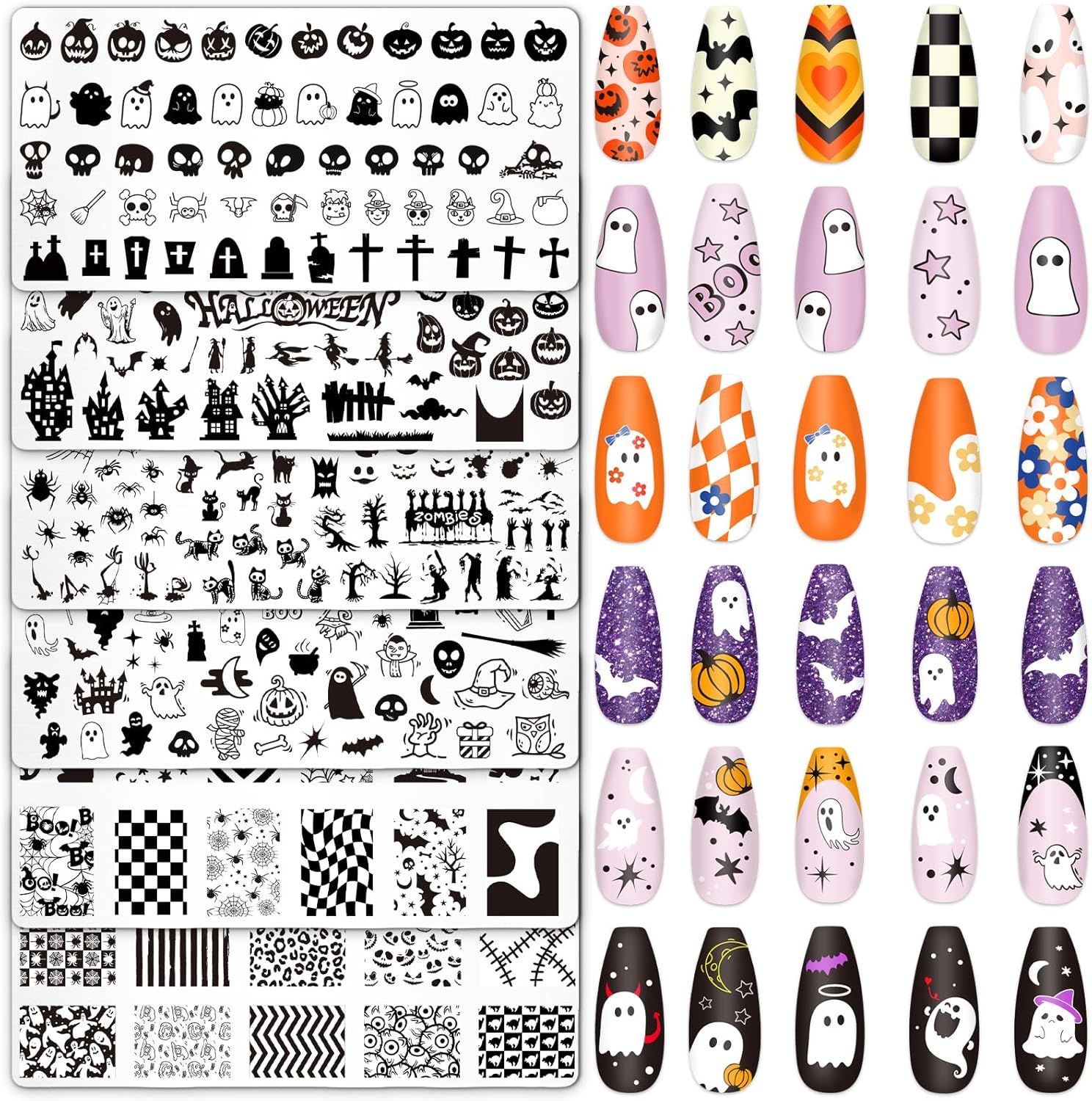Whaline 6Pcs Halloween Nail Plates Stamping Set Pumpkin Ghost Skull Stamp Templates Nail Art Plates for DIY Print Manicure Salon Design Gift-Velvo Beauty