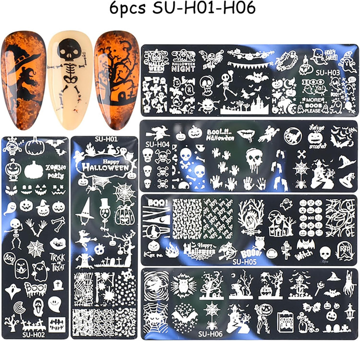 Halloween Nail Stamping Plate Art Stamping Kits DIY Printing Tools with Pumpkin Bat Witch Spider Owl Ghost Face Design Fashion Nail Stamp Art Decoration for Women 6Pcs-Velvo Beauty