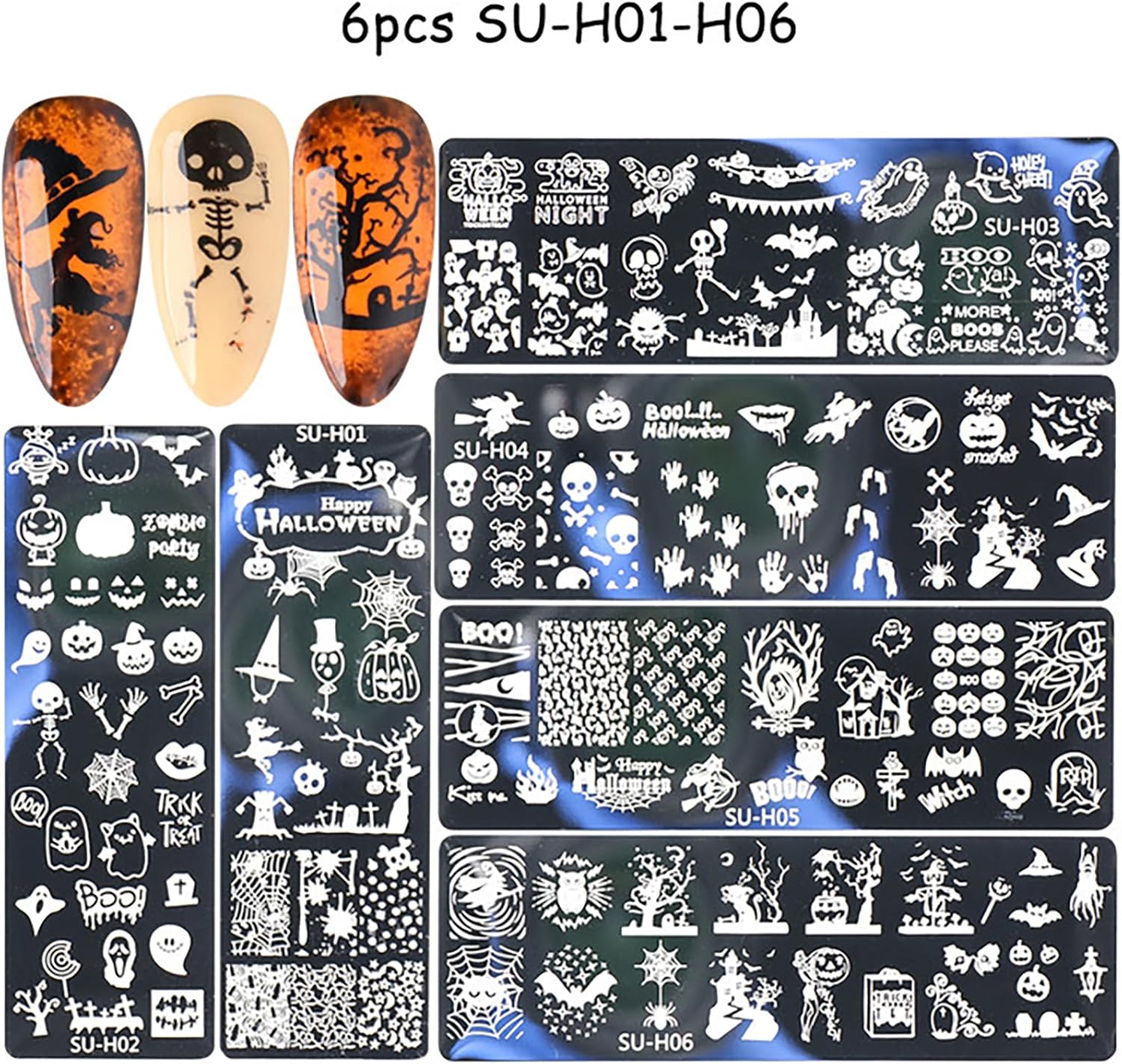 Halloween Nail Stamping Plate Art Stamping Kits DIY Printing Tools with Pumpkin Bat Witch Spider Owl Ghost Face Design Fashion Nail Stamp Art Decoration for Women 6Pcs-Velvo Beauty